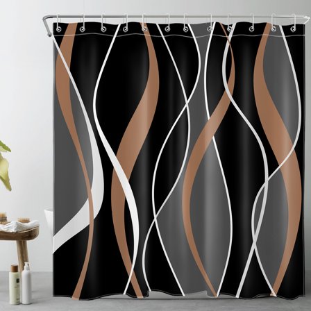 HVEST Modern Geometric Shower Curtain with Abstract Brown Black and Gray Line Design - Modern Simple Bathroom Decor, Waterproof Polyester Fabric, Includes 12 Hooks, 72x72 Inches