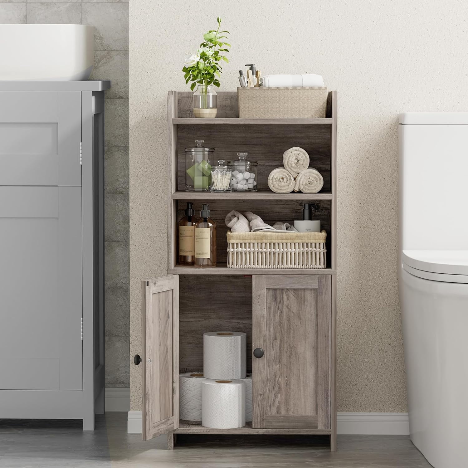 Small Bathroom Storage Cabinet, Freestanding Toilet Paper Storage with 2 Doors and Shelves, Bathroom Organizers and Storage for Small Spaces, Laundry Room, 7.9" D x 14.6" W x 31" H, Greige