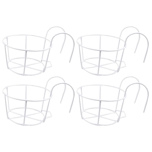 4Pcs Hanging Planters for Railings Balcony Flowerpot Hangers Rail Planter Hanging Baskets. Set of four white iron hanging planters with a wire structure and hook design for easy mounting on railings, fences, or windows. Each planter measures 22.00 x 16.00 x 16.00 cm (8.65 x 6.29 x 6.29 in) and features a durable, rust-resistant coating. Ideal for balconies, patios, gardens, and indoor spaces, these planters enhance plant display while allowing effective water drainage. Stackable and easy to clean for convenient storage.