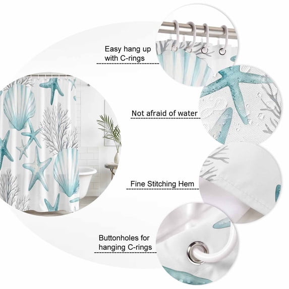 Teal Coastal Bathroom Shower Curtains with 12 Hooks Polyester Waterproof Shower Curtain for Stalls and Bathtubs Summer Ocean Starafish Shell Corals Decorative Bathroom Privacy Curtain 60x72 Inches