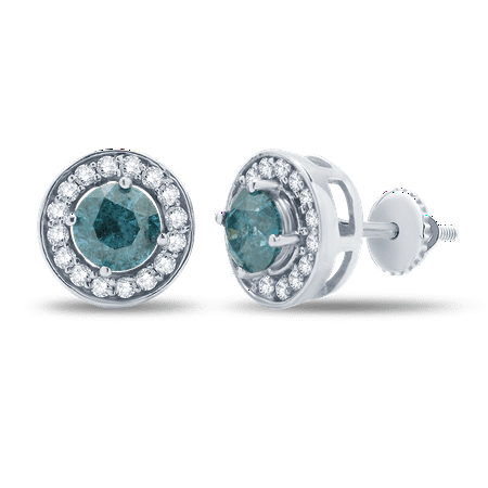 Gorgeous 1 Carat Natural Blue & White Diamond Earrings In 14K White Gold