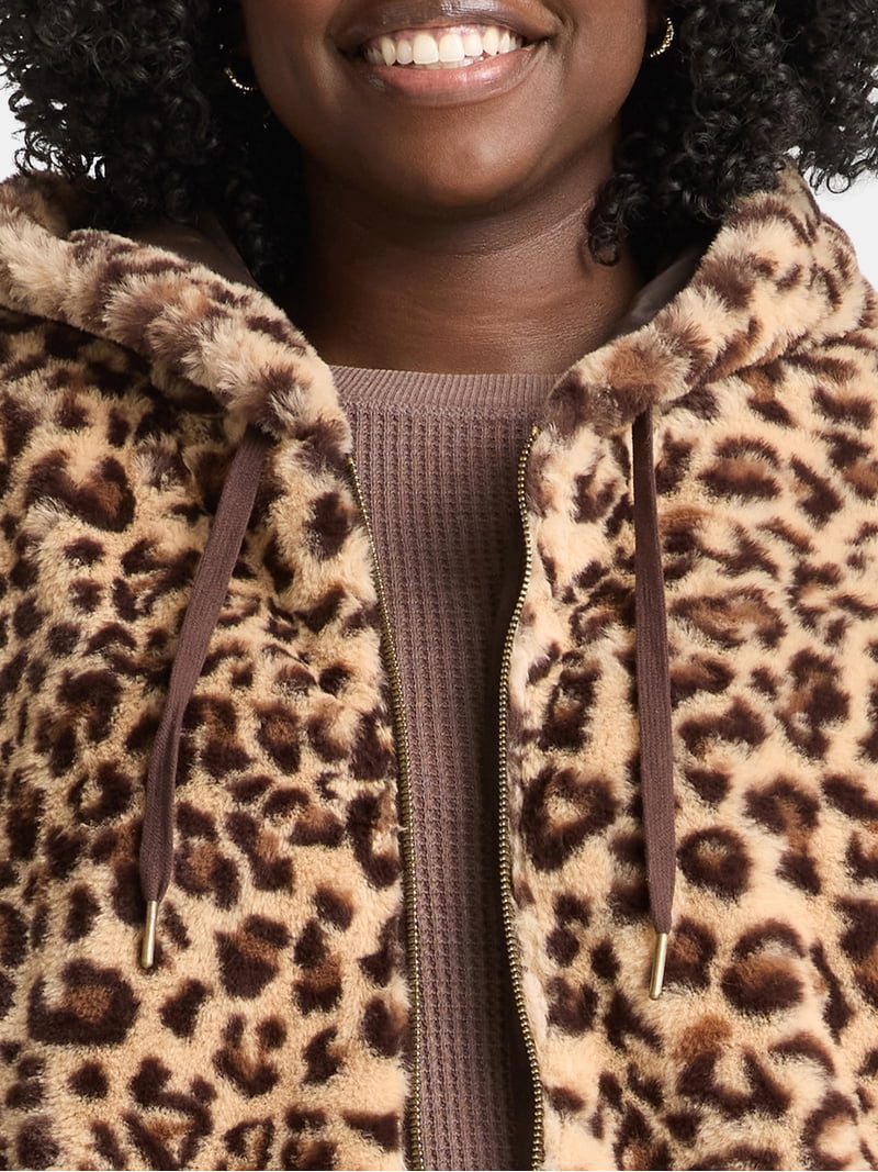 Time and Tru Women's and Women's Plus Faux Fur Hoodie Jacket
