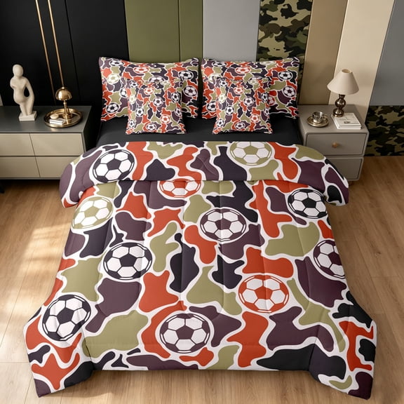 Manfei Retro Football Twin Bedding, Countryside Camo Rugby Bedding Comforter Set, Green Red, Black Reversible, 7 Pieces
