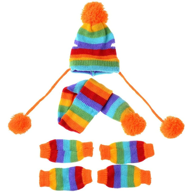 Apuakthei Ropa para mascotas Suéter Cachorro Perro Gato Traje de invierno cálido 6 piezas/conjunto Gorro de punto a rayas Calcetines Bufanda