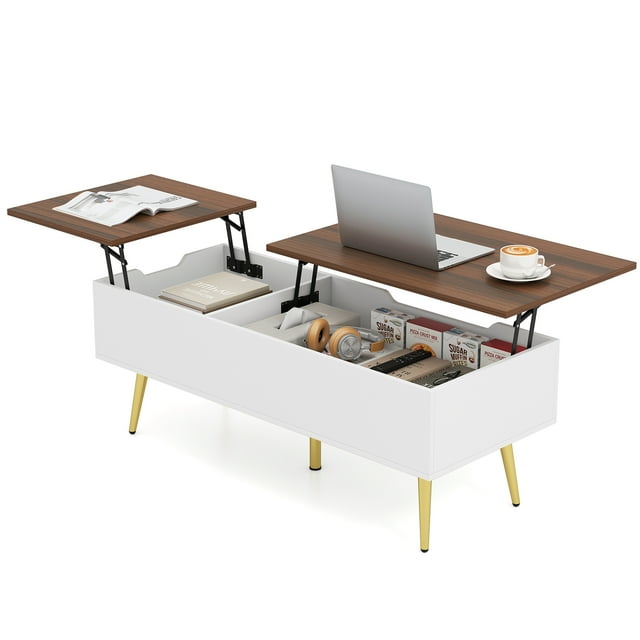Gymax Lift Top Coffee Table w/ Split Top & 2 Hidden Compartments Tapered Metal Legs