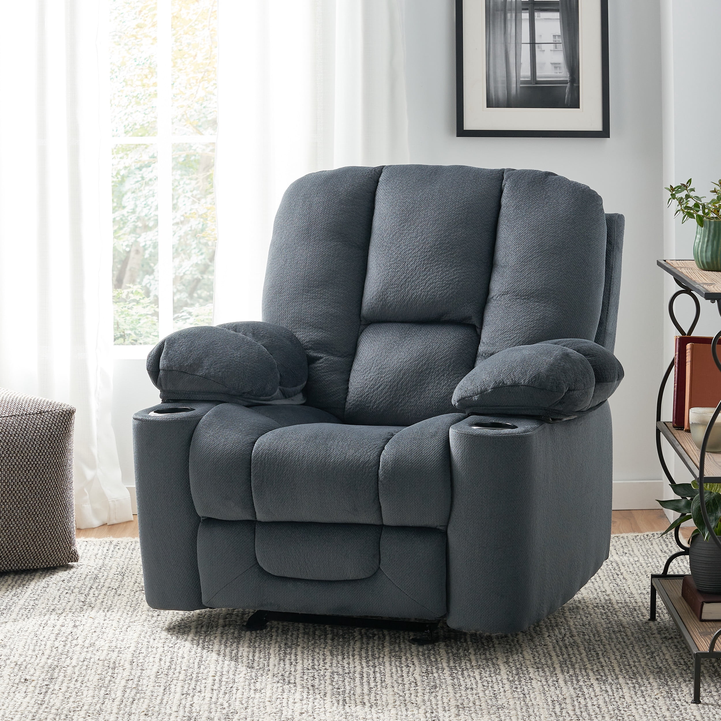 Euroco Luxurious Manual Recliner Chair in Silver with Skin-Friendly Fabric and Dual Cup Holders