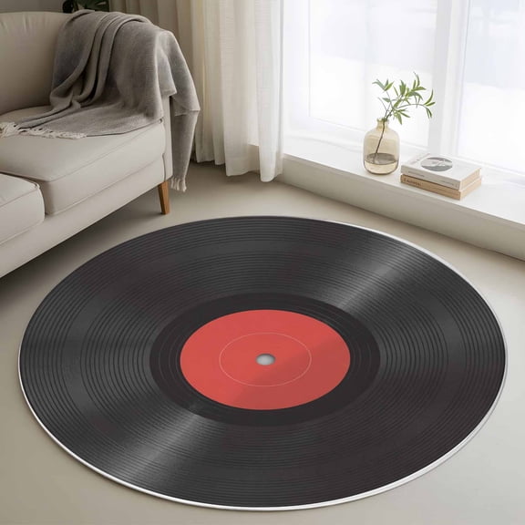 Retro Record Round Area Rug 4 FT, Non Slip Indoor Outdoor Rug, Abstract Vintage Minimalist Art Washable Soft Circular Carpet Non-Shedding Floor Mat for Coffee Table Nursery Foyer Balcony