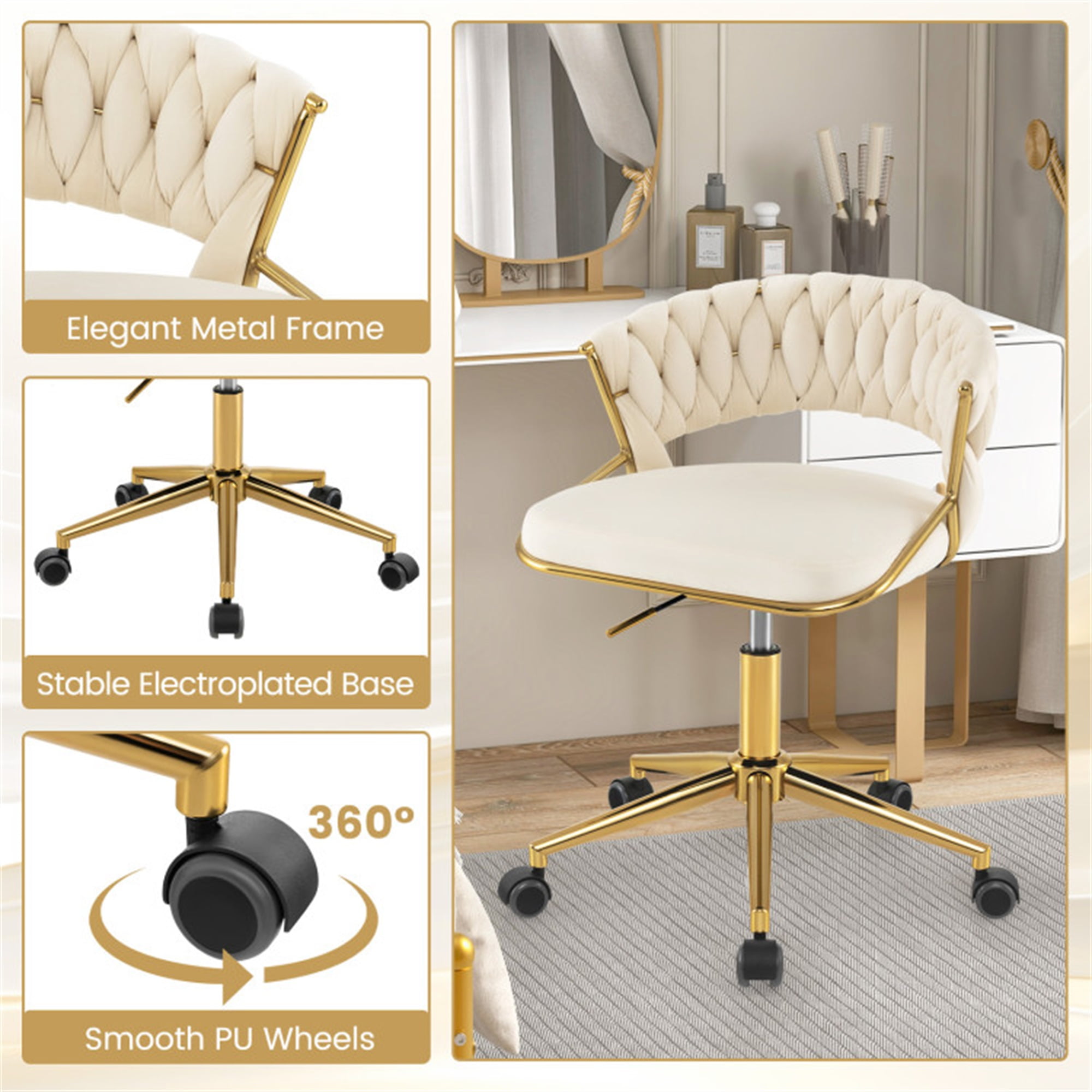 Demi Bonn 360° Height Adjustable Swivel Upholstered Desk Computer Chair with Hand-woven Back for Home, Bedroom, Study, Beige