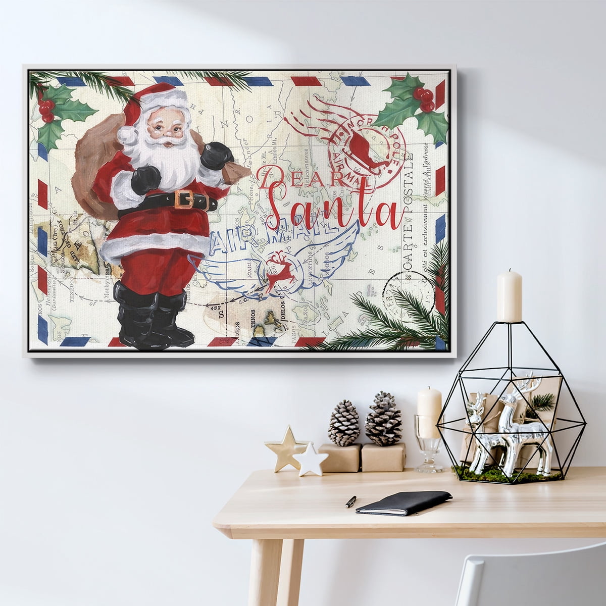 Christmas Par Avion Collection A - Framed Gallery Wrapped Holiday Canvas - 17 x 25 - White Frame