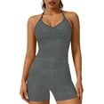 thumbnail image 4 of Soyumi Womens Workout Sets 2 Piece, Seamless Acid Wash Yoga Outfits Shorts and Crop Top Matching Gym Athletic Clothing Set Booty Lifting Shorts Strappy Halter Sports BraGray, 4 of 5