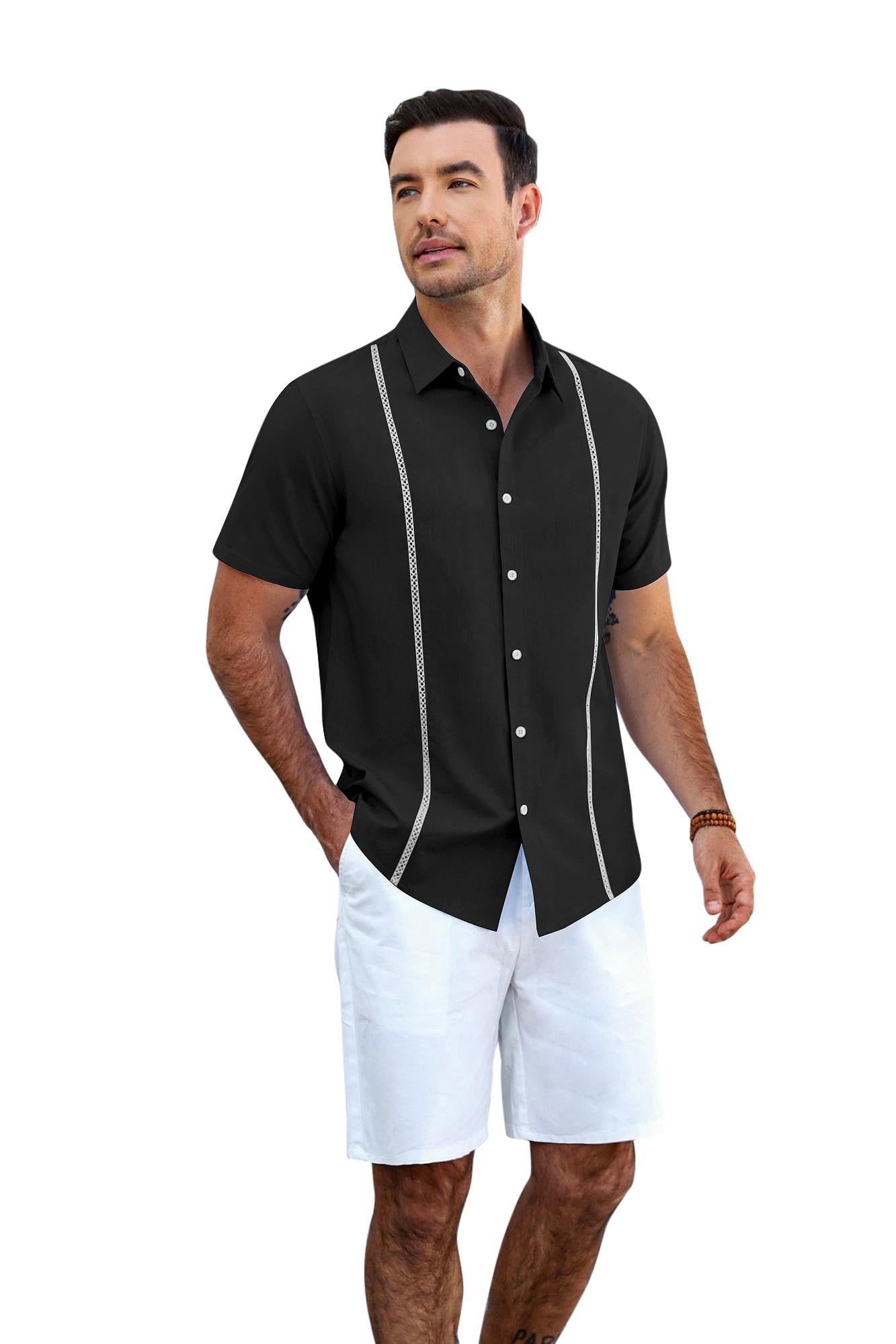 COOFANDY Men's Relaxed Fit Button-Up short Shirt with Decorative Stripes - Casual and Office Wear