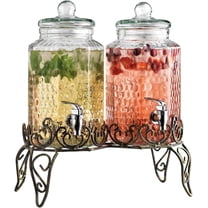 Double Glass Beverage Dispensers 1 Gallon Double Hammered Drink Dispenser with Metal Rack and leakproof Spigot. Every day and party use.
