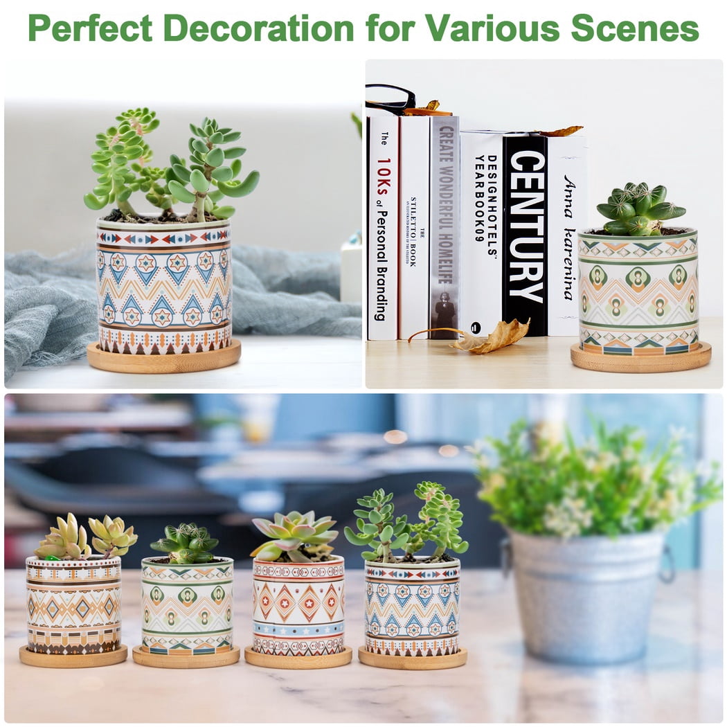 4 Pack Succulent Pots with Saucers, 3" x 3" Round Bohemian Ceramic Succulent Pot, Small Planter with Drainage Hole, Ceramic Cactus Pots, Succulent Plant Pot and Bamboo Tray Set