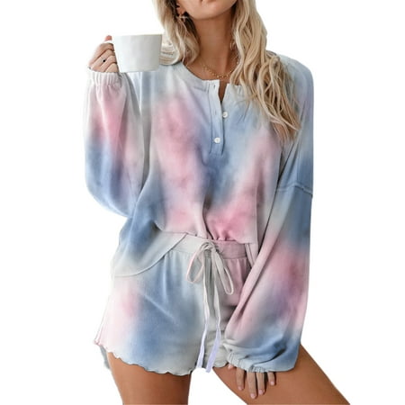 

Aunavey Womens Tie Dye Printed Short Lounge Set Long Sleeve Tops and Shorts 2 Piece Pajamas Set Sleepwear
