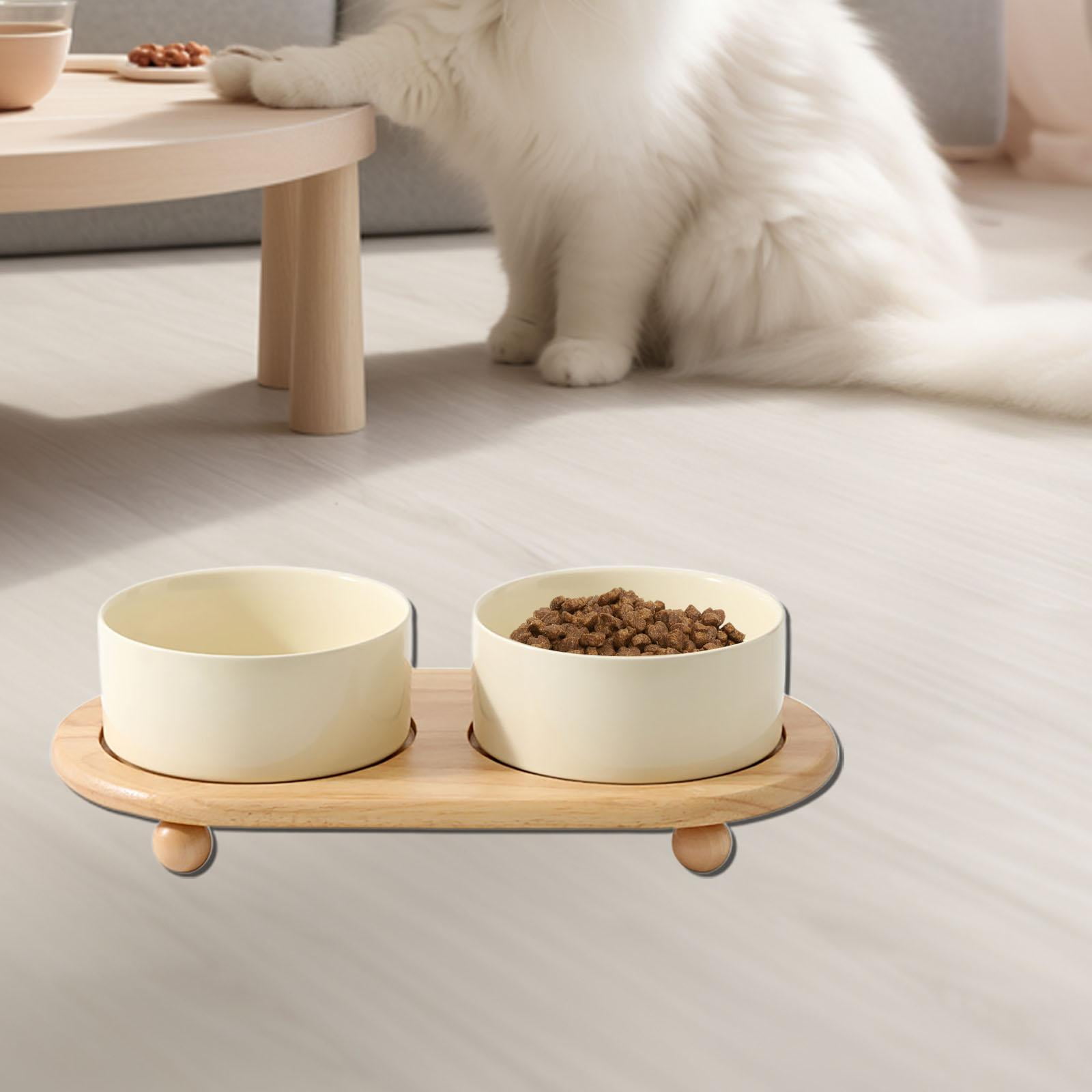 Bvdfgk Cat Dishes Protect Cat's Spine with Wooden Stand Ceramic Stoneware Pet Bowl for beige