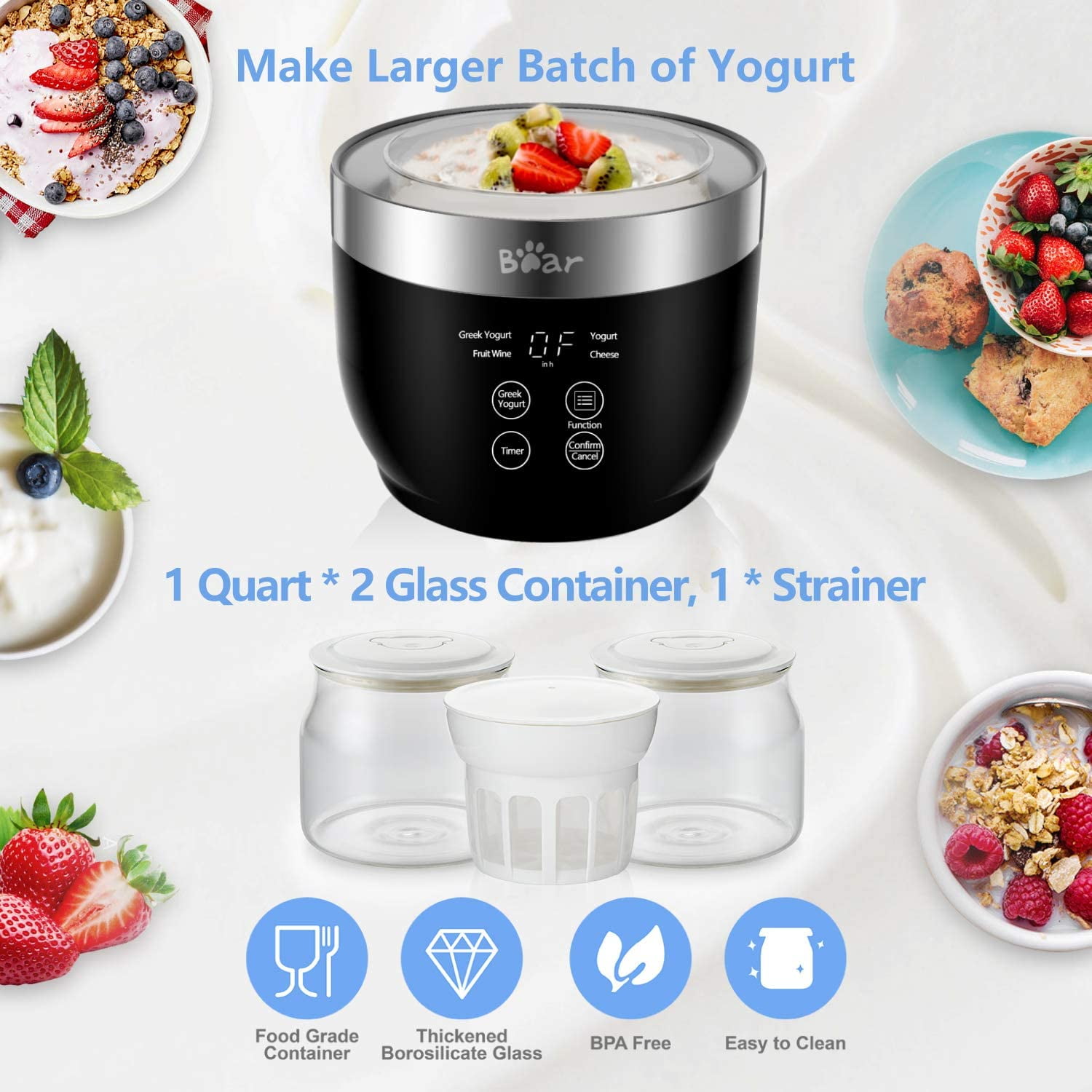 stainless steel yogurt maker with 1 quart glass jar
