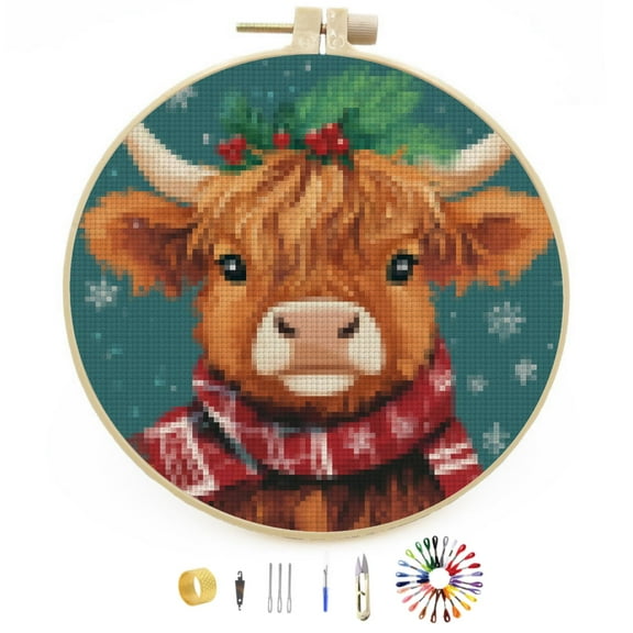 Merry Christmas Baby Highland Cattle DIY Stamped Cross Stitch Kits Easy for Beginners with Hoop 11CT Counted Embroidery Needlepoint Crafts Arts for Handmade Enthusiasts and Home Decor 30x30cm(6)