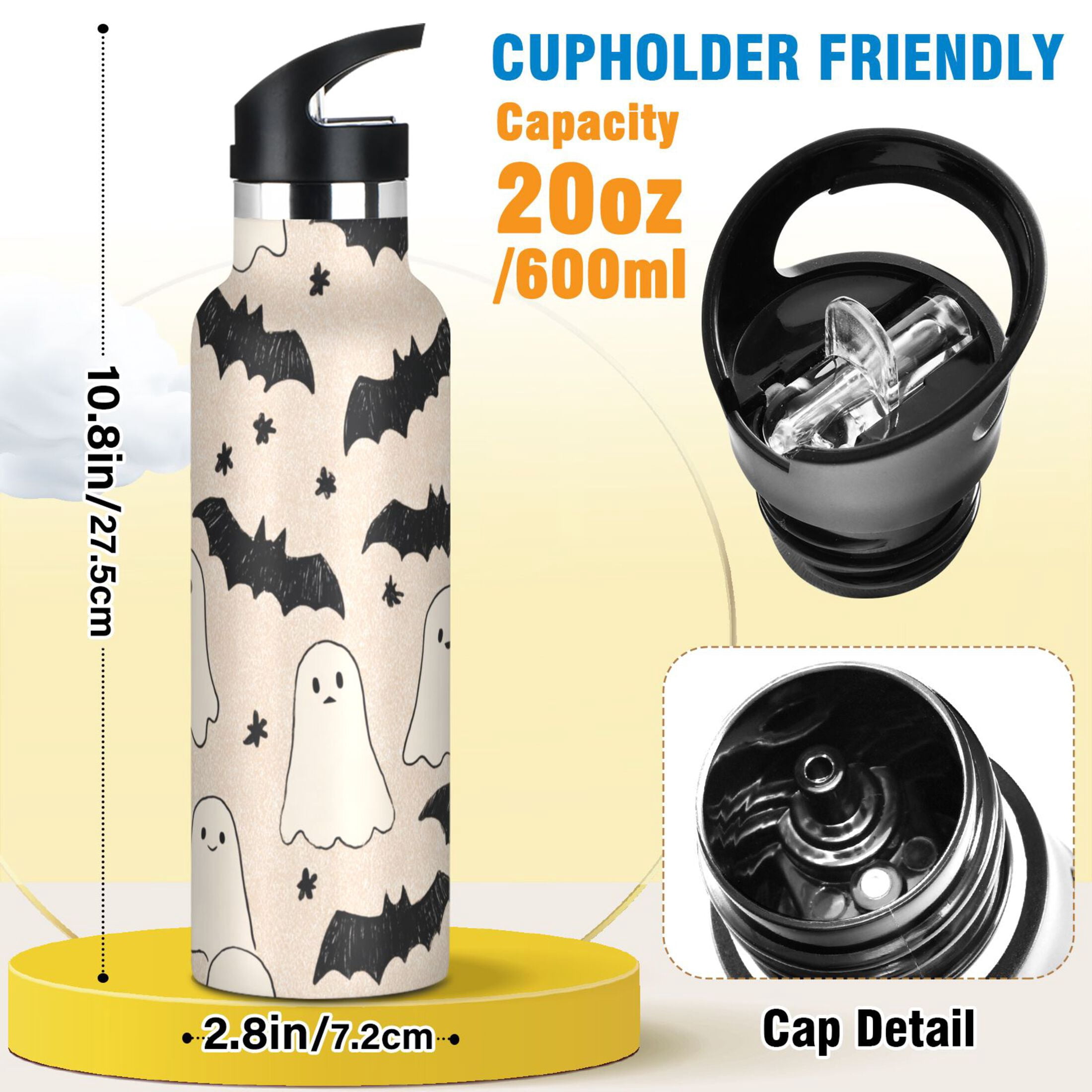 Kids Insulated Stainless Steel Sports Water Bottle 600ml (20oz) Simple Ghosts and Bats
