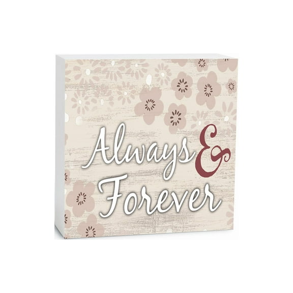Always & Forever Cream Woodgrain Floral 5 x 5 Wood Tabletop Sign Plaque