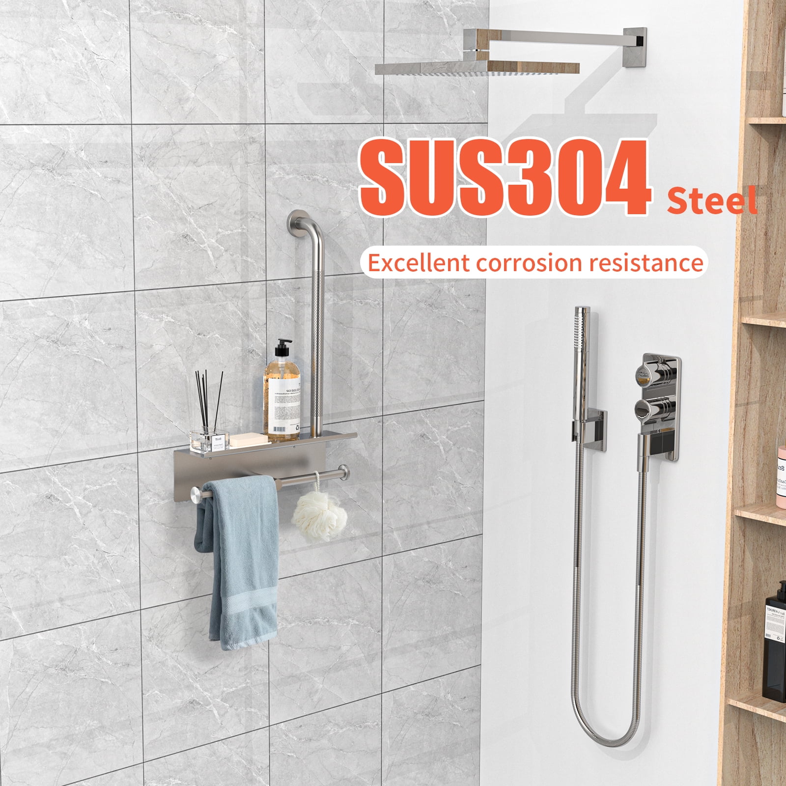 Bathroom Grab Bar with Shower Shelves, ZUEXT Brushed Nickel Toilet Paper Holder 3 in 1 Bathroom Organizers and Storage, Anti Slip Stainless Steel Safety Hand Rail for Handicap Elderly Senior Assist