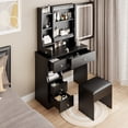 thumbnail image 5 of Makeup Desk with Sliding LED Mirror, Makeup Vanity Set with Cushioned Stool, Dressing Table w/Storage Drawer & Shelves, Vanity Mirror 3 Lighting Color Adjustable, 5 of 8