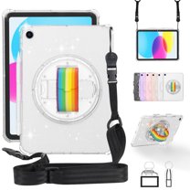 ELEHOLD Rugged Case for iPad 9th 8th 7th Generation 10.2-Inch Case, Glitter Clear Slim Shockproof Cute Cover with 360 degree Rotating Handstrap Functional Kickstand Crossbody Shoulder Strap,White
