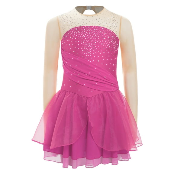 Aislor Kids Girls Sparkle Mesh Splice Figure Ice Skating Dress Ballet Leotard Tutu Skirt Dancewear Hot Pink 6