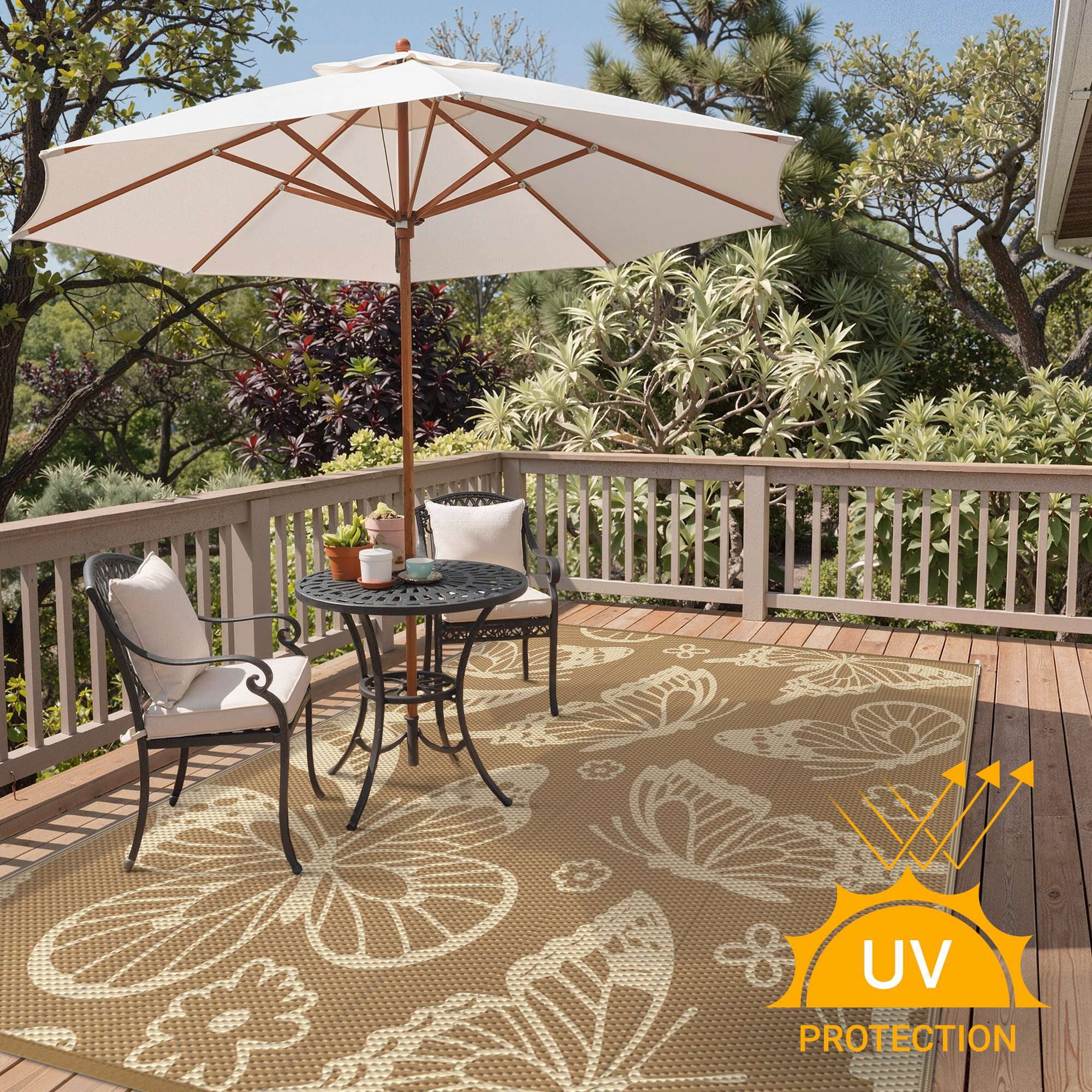 DEORAB 5'x8' Outdoor Rugs Waterproof Patio Reversible Plastic Straw Carpet Camping Outside Mat For Garden Balcony Camping Porch, Brown & Beige