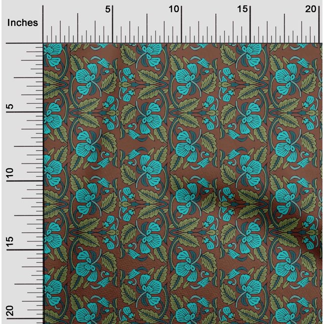 oneOone Silk Tabby Fabric Leaves & Floral Block Printed Fabric 1 Yard 42 Inch Wide