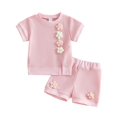 thumbnail image 1 of Niña Bebé Ropa de Verano Elegante Bordado Floral Cuello Redondo Pantalones Cortos de Manga Corta Dos Piezas Conjunto de Tejido Suave Transpirable, 1 of 9