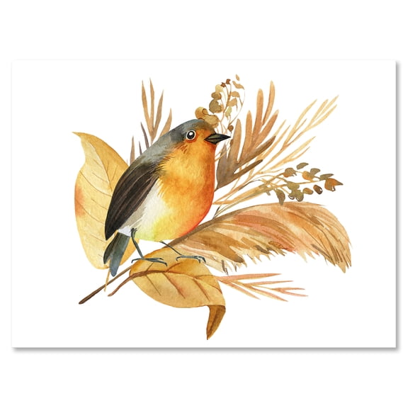 Designart ' Autumn Flowers and Robin Bird ' Traditional Canvas Wall Art Print