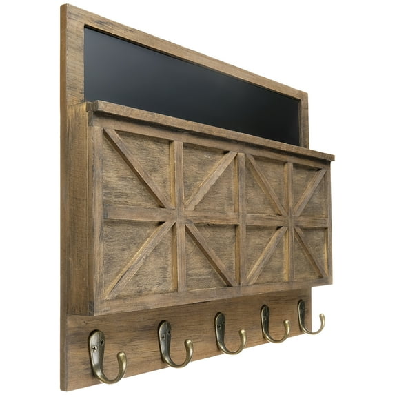 Excello Global Products Barndoor Mail Holder with Chalkboard, Key Hooks, and Mail Slot (Rustic Brown) - EGP-HD-0447-A