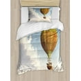 thumbnail image 1 of Fantasy Duvet Cover Set Twin Size, Realistic Image of Flying Striped Envelope Hot Air Balloon with Hemisphere Basket, Decorative 2 Piece Bedding Set with 1 Pillow Sham, Multicolor, by Ambesonne, 1 of 3