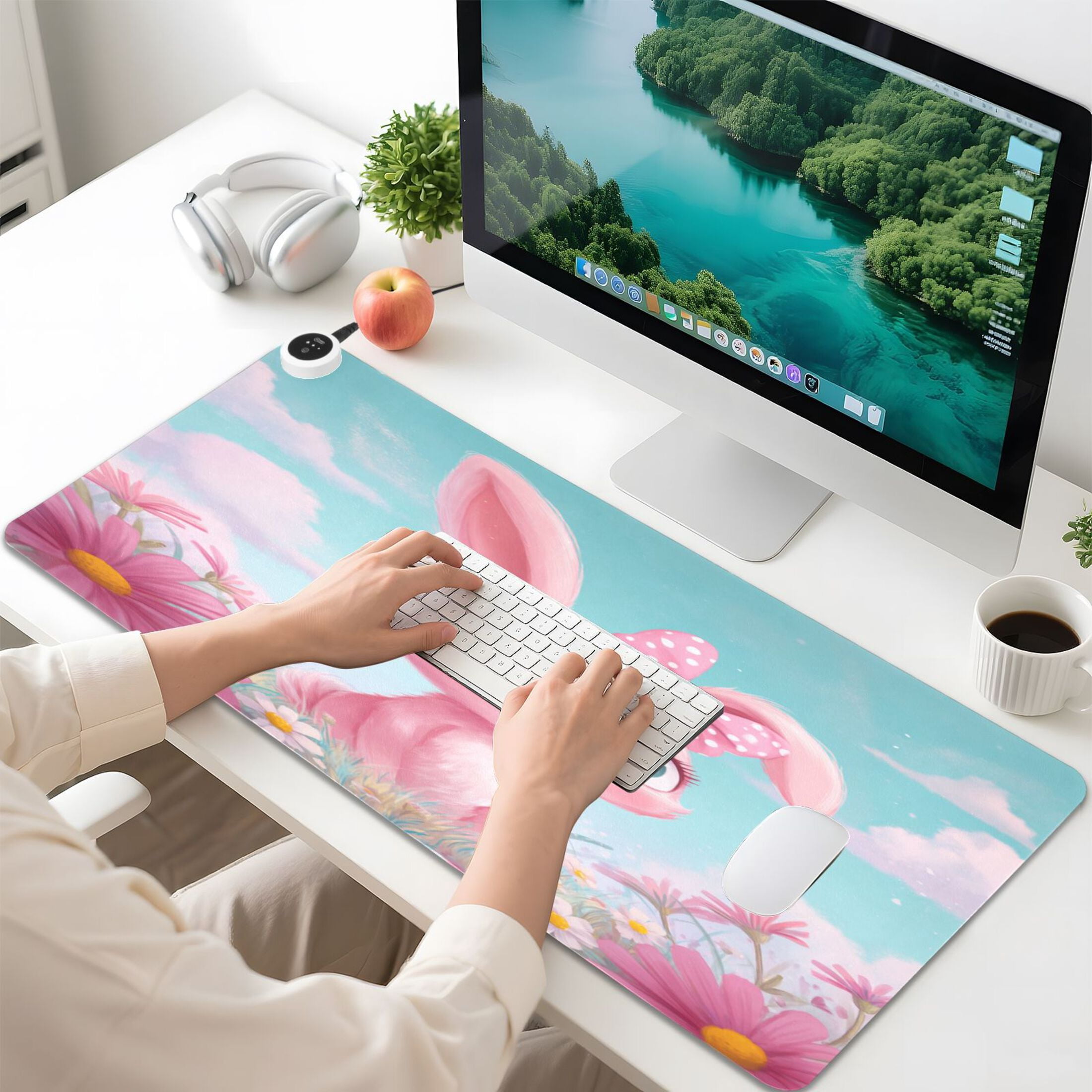 Large Heated Desk Mat Mouse Pad 31.5"x13"PU Leather Graphene Heating Desk Warmer with 3 Temperature Settings 110V US Plug Non-Slip Warm Pad for Home, Office, and Gaming Soft Pink Bunny Illustration