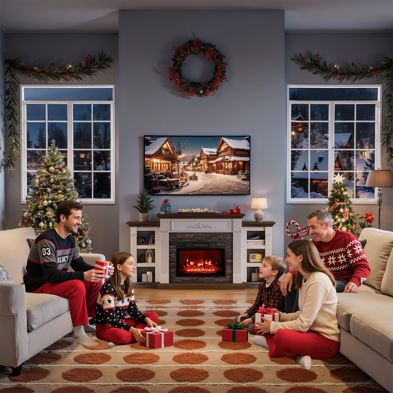 Holliwill 72" Electric Fireplace with Mantel, Farmhouse TV Stand for TVs up to 80", Entertainment Center with 23" Fireplace Insert Heater for Living Room, Bedroom, White Brown