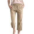 thumbnail image 2 of Girls' Solid Color Cotton Linen Casual Pants,Elastic Drawstring Waist 3/4 Length Capri with Pockets,Loose Fit for Daily Wear, School, Summer Activities,Breathable and Comfortable - Khaki, 2 of 9