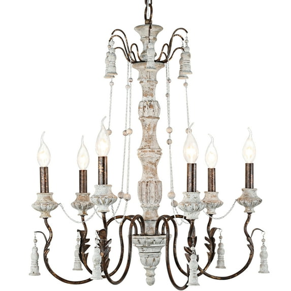 TOMIYA 29" Farmhouse Chandelier Large French Country Wood Pendant Light, 6-Light Bronze Dining Room Light Fixtures Kitchen Island Decor