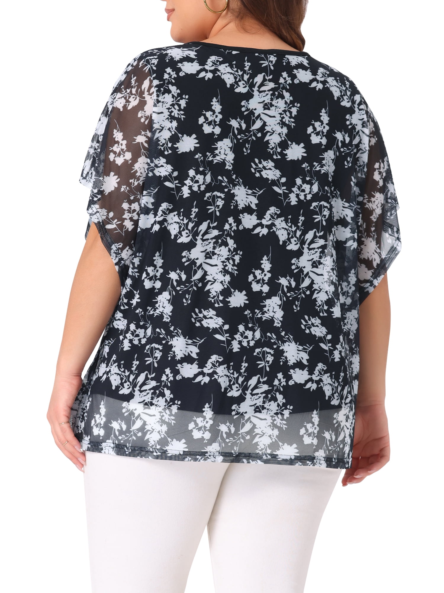 DARING DIVA Women's Plus Floral Batwing Sleeve Loose Blouse 3X Black