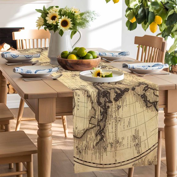 Retro Yellow World Map North America Asia Table Runner-90 Inch Long Pacific Plate Table Runners Linen Burlap Tablerunner for Kitchen Dining Room Holiday Party