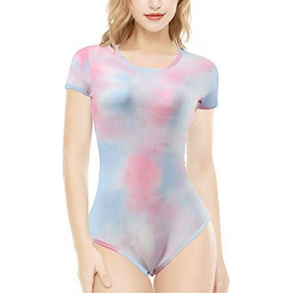 CutiePlusU Cotton Button Crotch Bodysuits Adult Romper Onesie- Irregular Tie Dye Unisex Pink XS