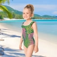 thumbnail image 5 of Girls Ruffled One Piece Swimsuit Summer Beach Vacation Swimwear Tank Swimsuit Pink Palm Leaves, 5 of 8