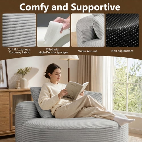 55-Inch Oversized Round Chaise Lounge Chair, Modern Corduroy Boneless Floor Sofa with 3 Pillows, Deep Seat Circular Couch for Living Room, Bedroom & Movie Room, Light Gray