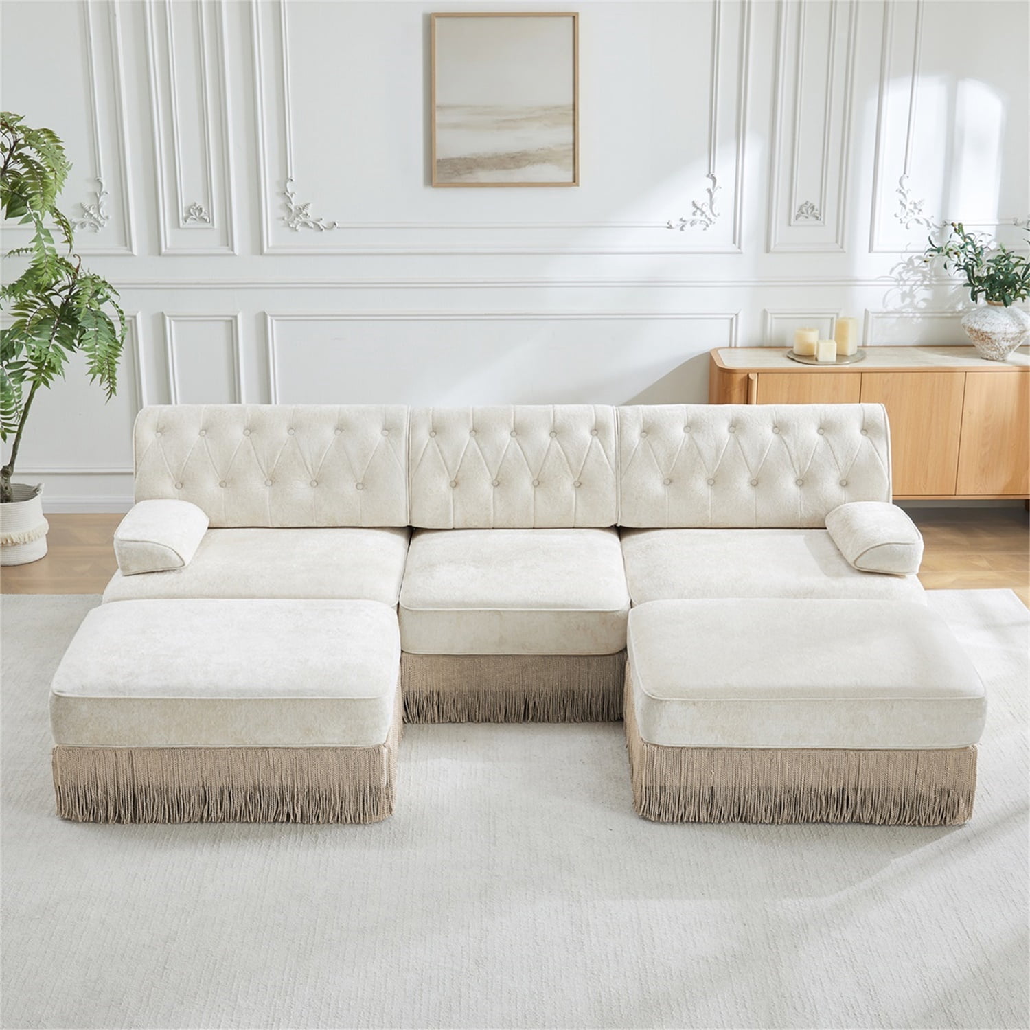 Hommoo 3-Seater Chesterfield Style Velvet Fabric U-Shaped Sectional Sofa with 2 Ottomans, Tufted Button Upholstered Design and Floor-grazing Tassel, Free Combination Sofa Couch Set, for Home, Beige