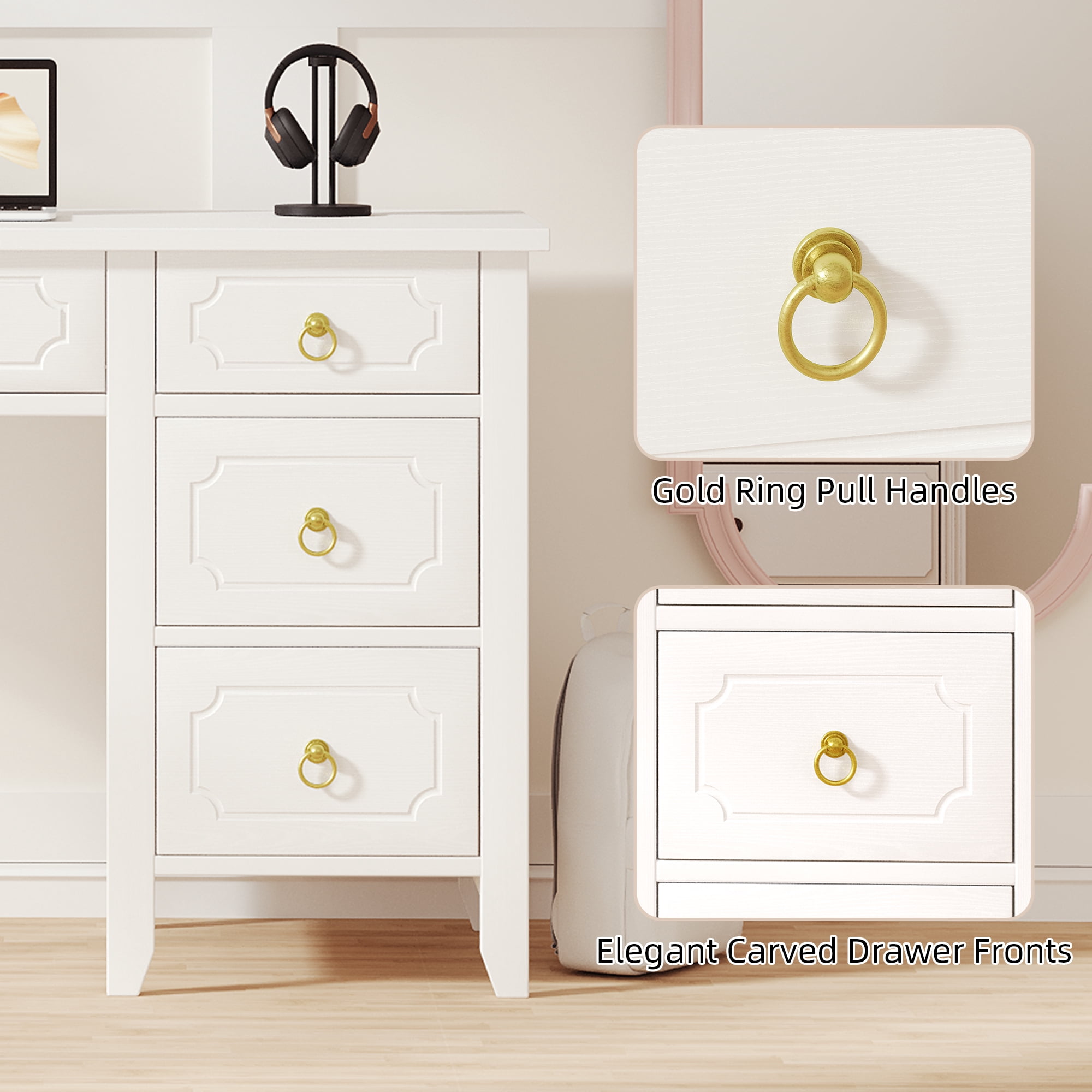 DreamCurship White Desk with 4 Drawers, Computer Desk with Storage, Home Office Desk for Small Spaces, Modern Makeup Vanity Dressing Desk, White