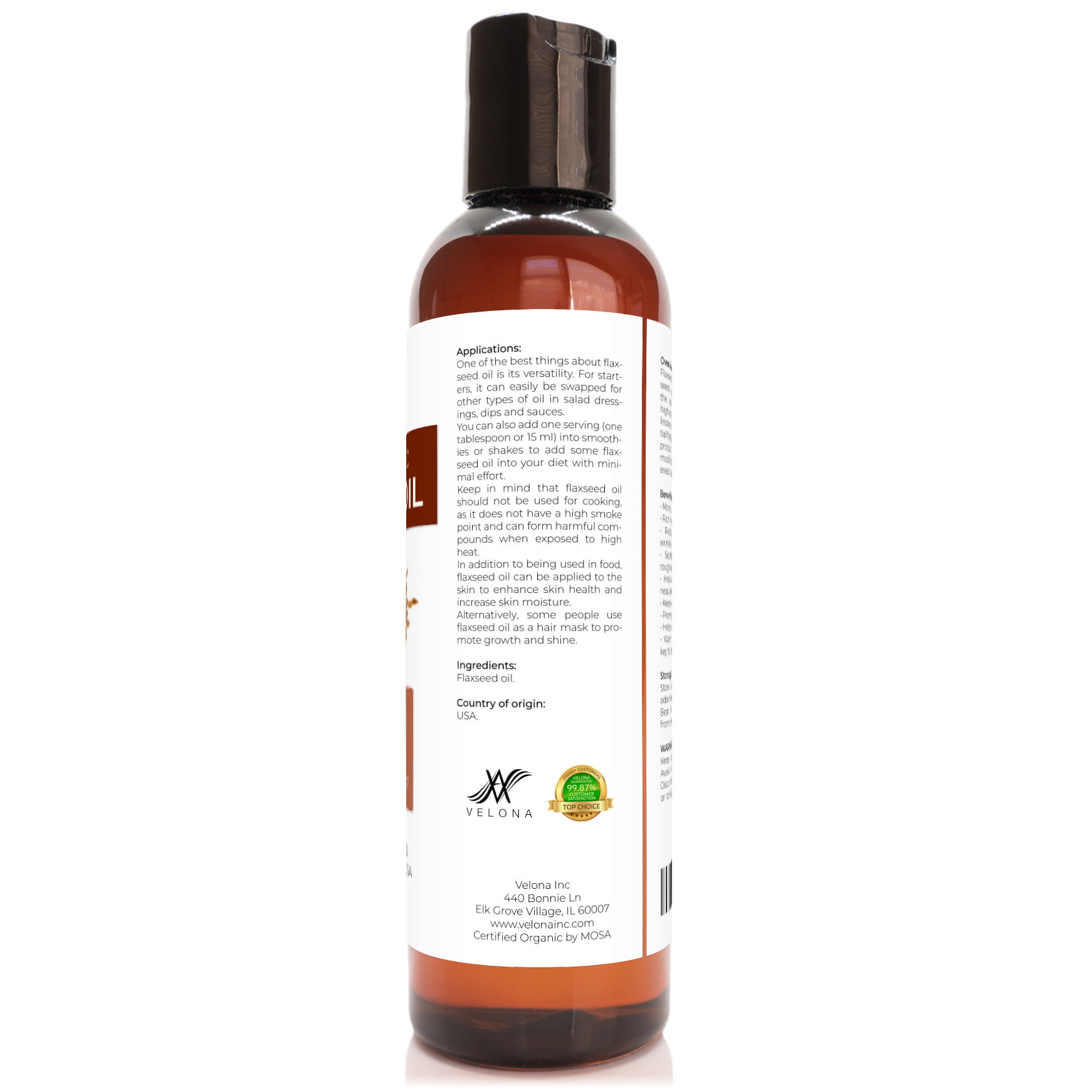 Velona USDA Certified Organic Flaxseed Oil - 4 oz | 100% Pure and Natural  Carrier Oil | Unrefined, Cold Pressed | Hair Growth, Body, Face & Skin Care  | Use Today - Enjoy Results 