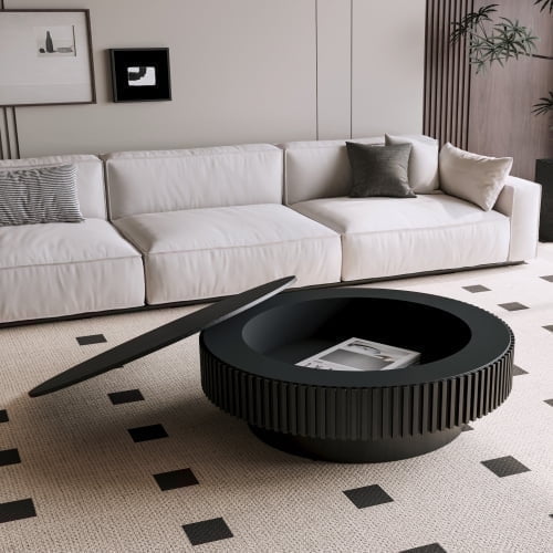 Kevinplus  39.37'' Round Coffee Table with Storage Solid Wood Veneered for Living Room, Bedroom, Apartment or Office, Black