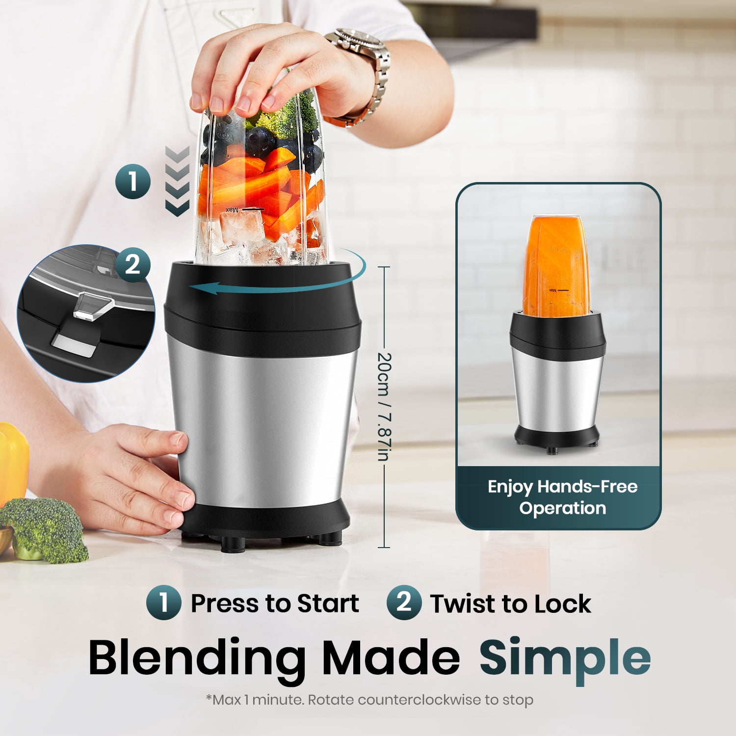 12-Piece Smoothie Blender Maker 25,000 RPM Personal Blender for Ice Crushing Smoothies & Frozen Drinks Nuts with 23oz, 32oz, 37oz Portable Cups Two 6-Leaf Stainless Steel Blades, Silver