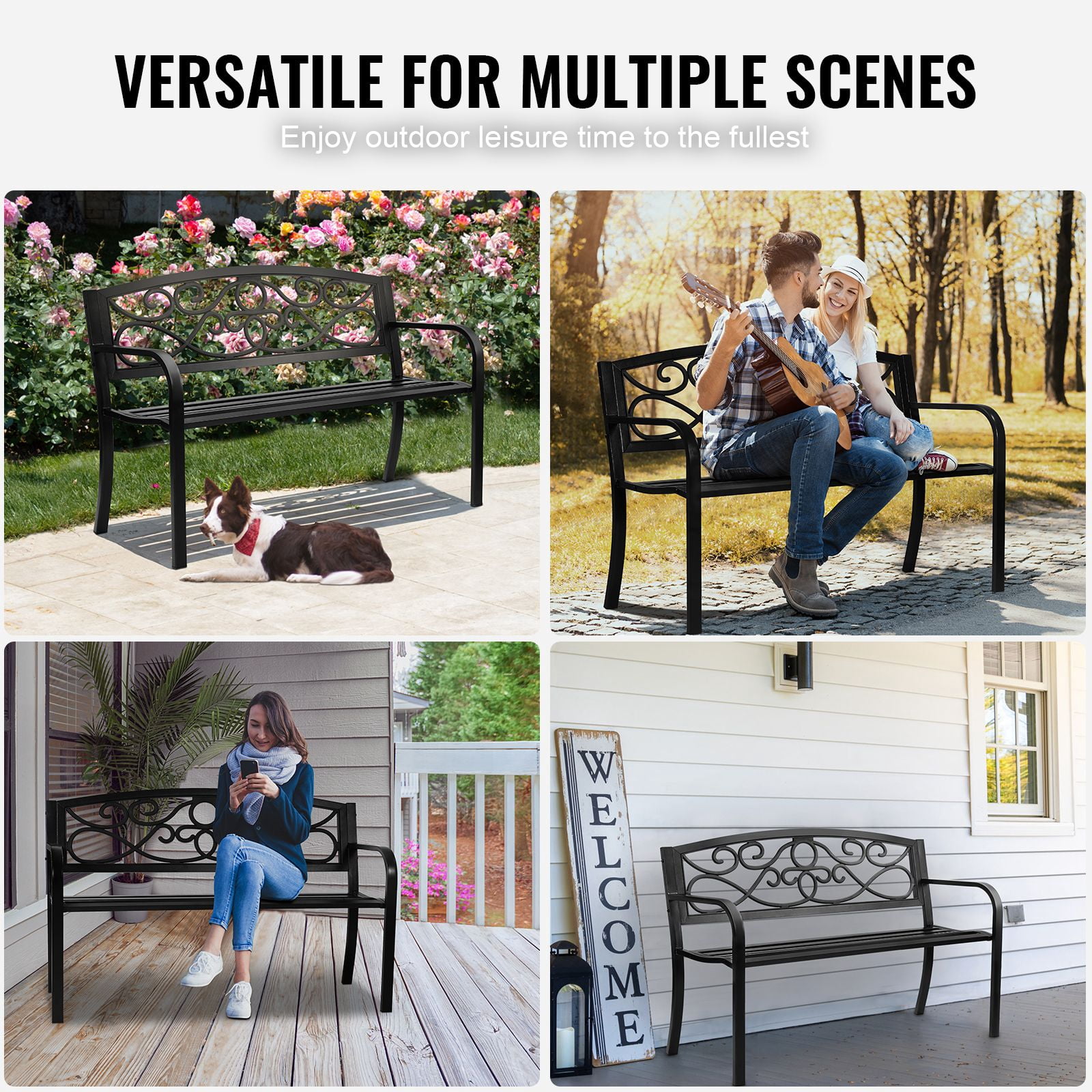 Outdoor Bench, 50 inches Metal Garden Bench for Outdoors, 550 lbs Load Capacity Bench, Outdoor Garden Park Bench with Backrest and Armrests, Patio Bench for Garden, Park, Yard, Front Porch