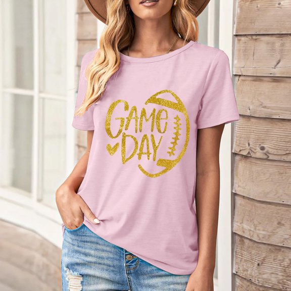 Karight Football Shirts for Women Game Day T Shirts Football Outfits Funny Graphic Tee Casual Short Sleeve Tee Shirts