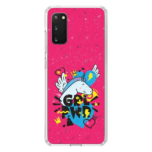 DistinctInk Clear Shockproof Hybrid Case for Galaxy S20 PLUS / 5G (6.7" Screen) - TPU Bumper, Acrylic Back, Tempered Glass Screen Protector - Girl Power - GRL PWR - Unicorn Hearts Graffiti